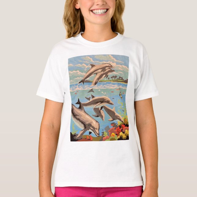 Camiseta Mano Pintada Por Número | Delfines lúdicos | Niños (Anverso)