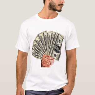 Camiseta mano sujetando billetes de cien dólares arte monet