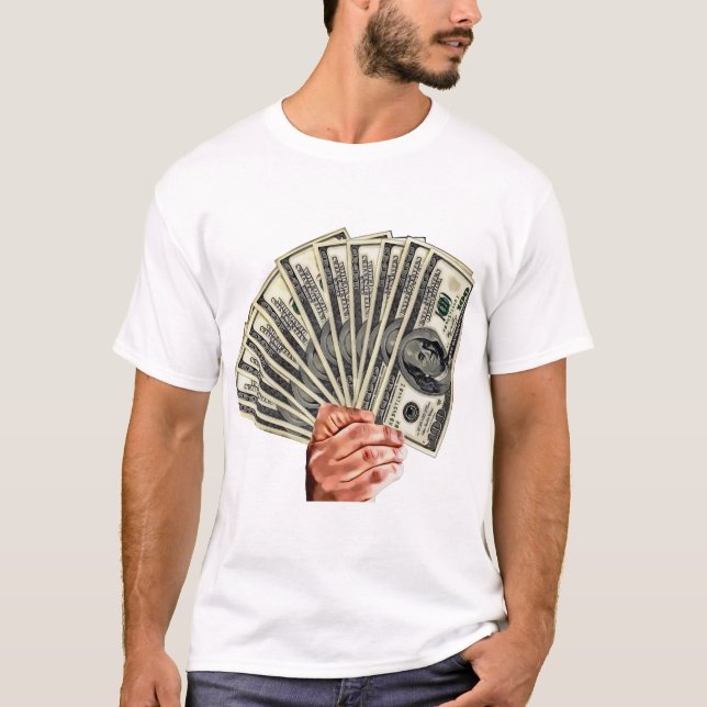 Camiseta mano sujetando billetes de cien dólares arte monet (Anverso)