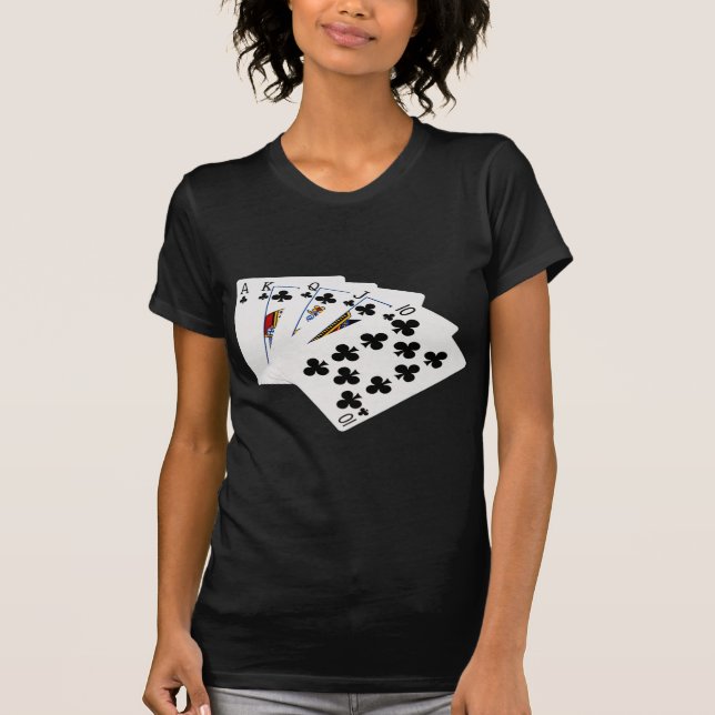 Camiseta Manos de Póquer - Flush Real - Juego de Clubs (Anverso)