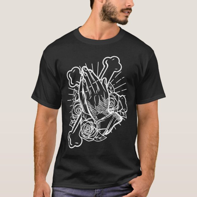 Camiseta Manos rezando con rosas y cruces (Anverso)