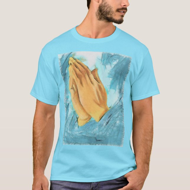 Camiseta Manos rezando (fondo azul) (Anverso)