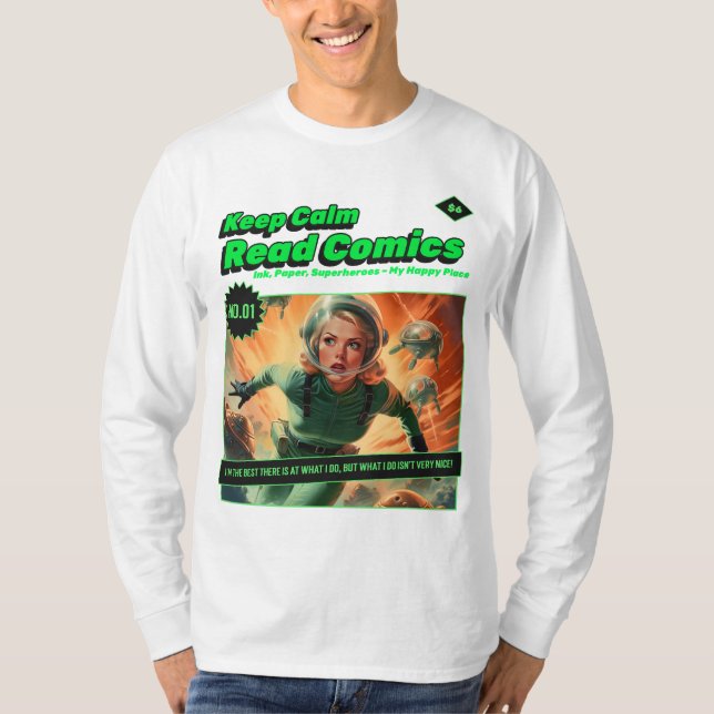 Camiseta Mantener la calma del Chica de espacio retro libro (Anverso)