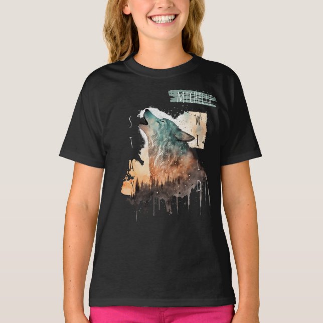 Camiseta "Manténgase alerta" Howling Wolf Personalizable Ch (Anverso)