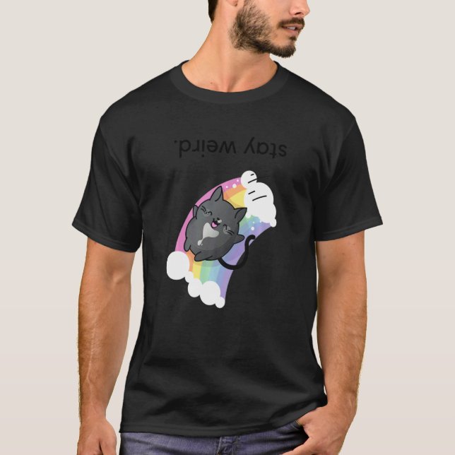 Camiseta Mantente raro al revés: gato y arcoiris de Tuxedo (Anverso)