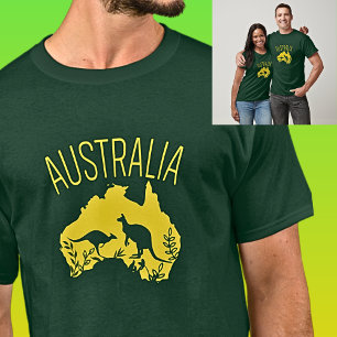 Camiseta Mapa amarillo de Australia con canguros en verde o