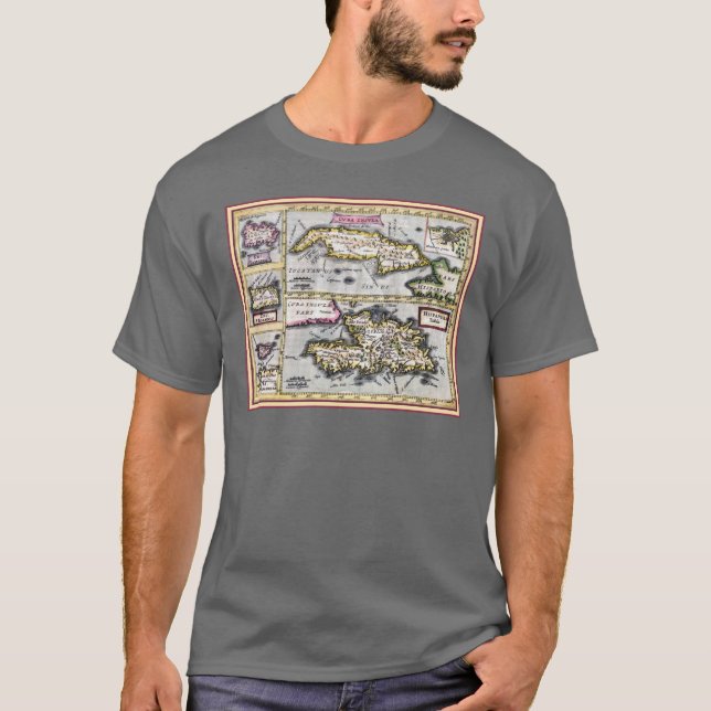 Camiseta Mapa antiguo de Cuba, Haití, República Dominicana (Anverso)