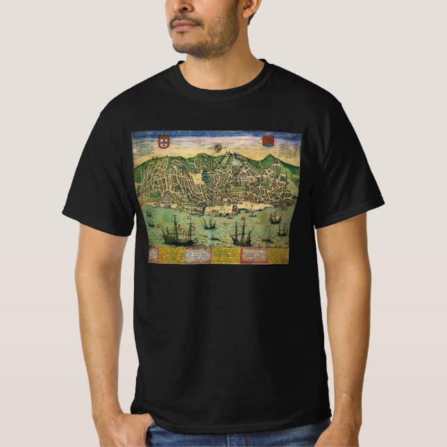 Camiseta Mapa Antiguo de Lisboa, Portugal por Braun/Hogenbe (Anverso)