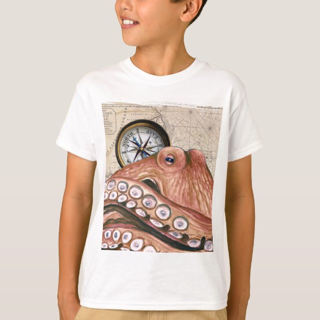 Camiseta Mapa beige de vintage del pulpo rojo (Anverso)
