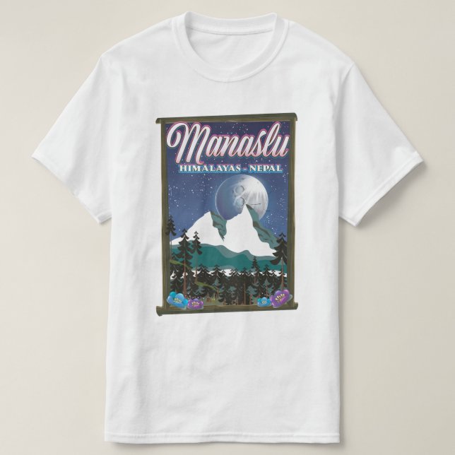 Camiseta Mapa de afiches de viaje de Manaslu Himalayas Nepa (Diseño del anverso)