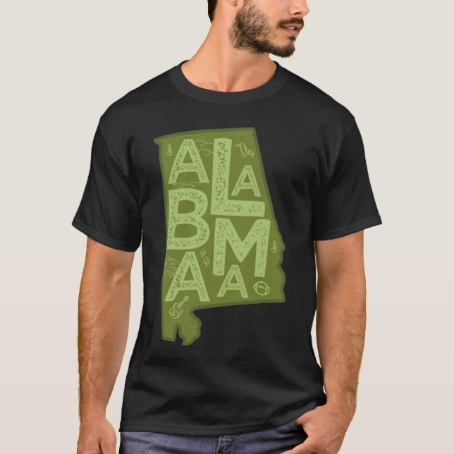 Camiseta Mapa de Alabama Tipografía Verde (Anverso)