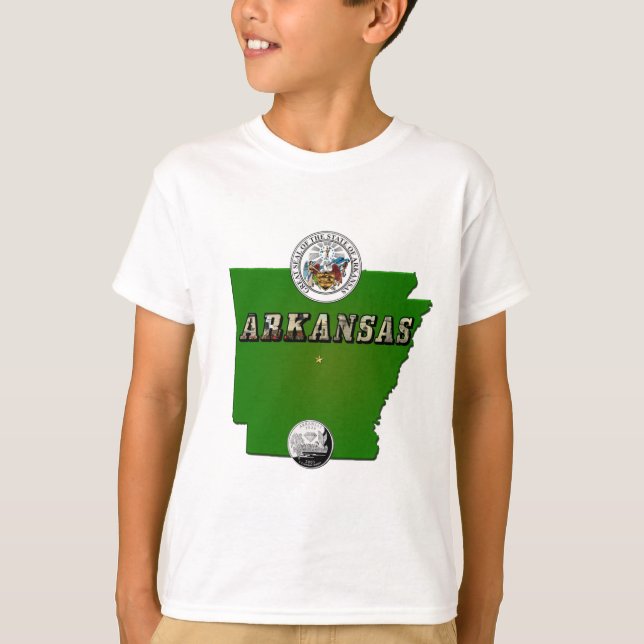 Camiseta Mapa de Arkansas, Sello y Barrio Faux Estatal (Anverso)