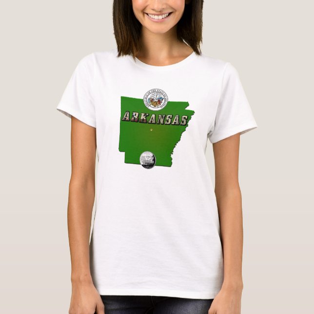 Camiseta Mapa de Arkansas, Sello y Barrio Faux Estatal (Anverso)