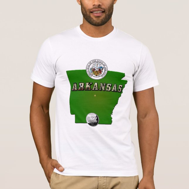 Camiseta Mapa de Arkansas, Sello y Barrio Faux Estatal (Anverso)