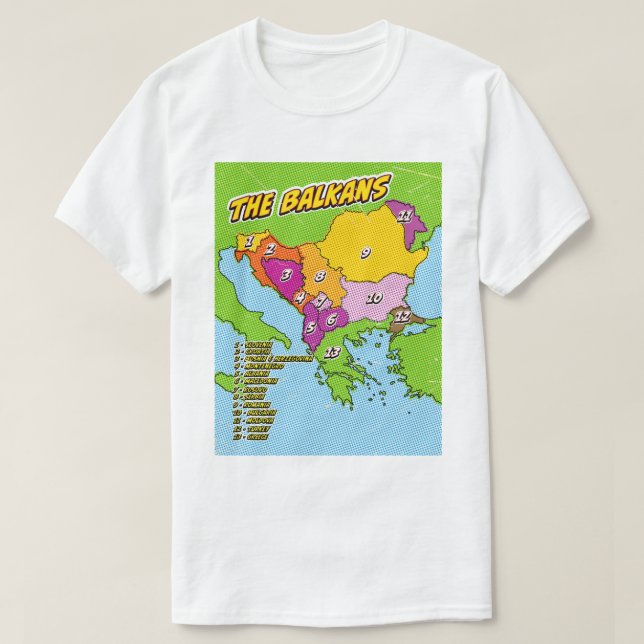 Camiseta Mapa de Balcanes ilustrados de arte pop (Diseño del anverso)