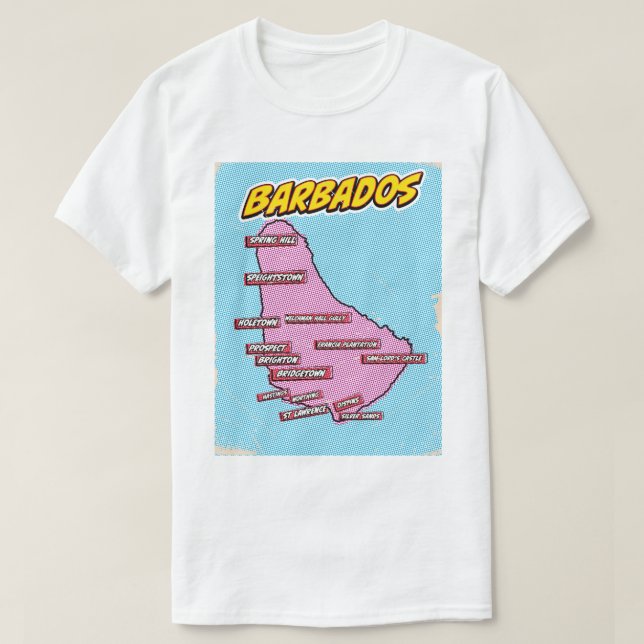 Camiseta Mapa de Barbados ilustrado con arte pop (Diseño del anverso)