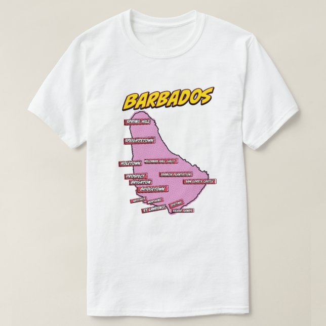 Camiseta Mapa de Barbados ilustrado con arte pop (Diseño del anverso)