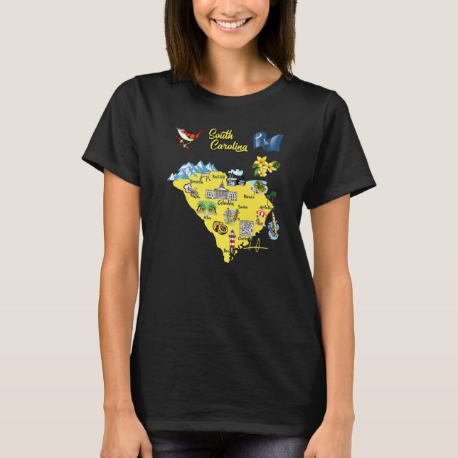 Camiseta Mapa de Carolina del Sur con Desti, las principale (Anverso)