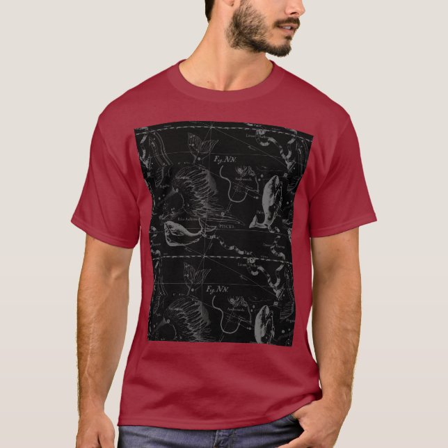 Camiseta Mapa de Constelación Pisces Hevelius 1690 Grabado (Anverso)