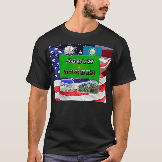 Camiseta Mapa de Dakota del Sur, foto de texto, falso cuart (Anverso)