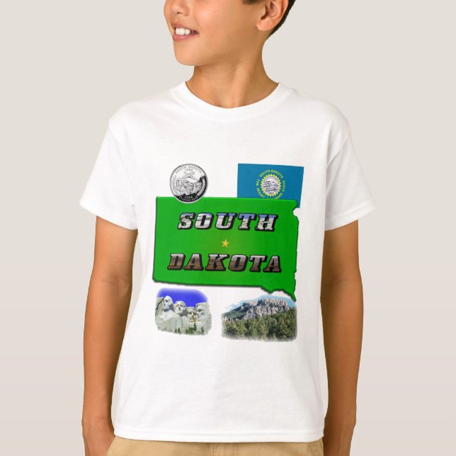 Camiseta Mapa de Dakota del Sur, texto fotográfico, barrio  (Anverso)