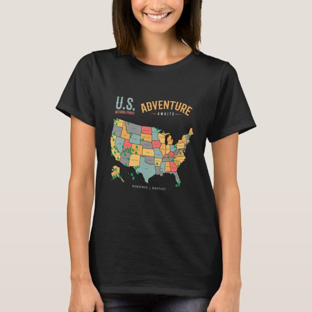 Camiseta Mapa de Ee.Uu. Parques nacionales Preservar Proteg (Anverso)