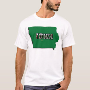 Camiseta Mapa de estado de Iowa Esquema verde y foto texto 