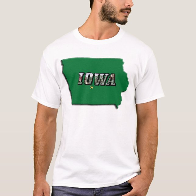 Camiseta Mapa de estado de Iowa Esquema verde y foto texto  (Anverso)