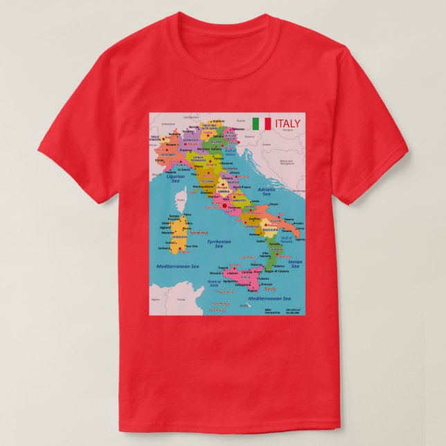 Camiseta Mapa de Italia con regiones y ciudades principales (Diseño del anverso)