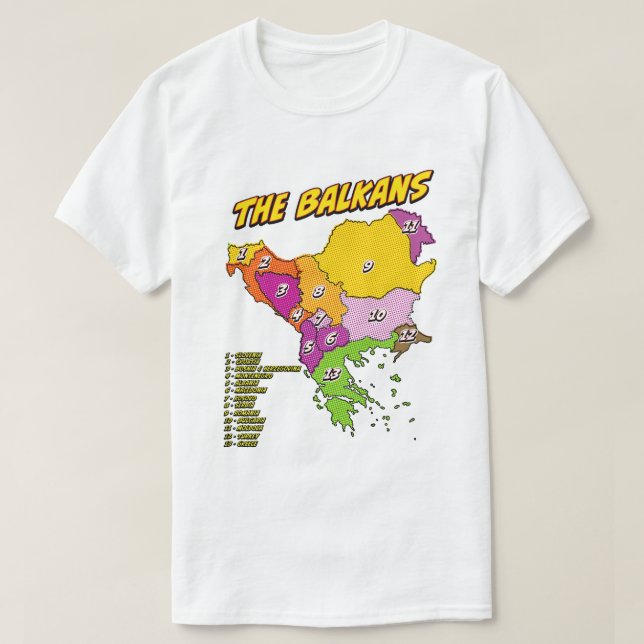 Camiseta Mapa de los Balcanes ilustrado con arte pop (Diseño del anverso)
