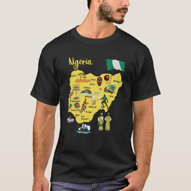 Camiseta Mapa de los símbolos de los monumentos de Nigeria  (Anverso)