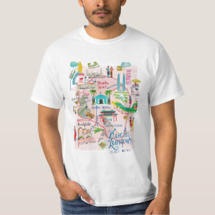 Camiseta mapa de viaje ilustrativo rosa de Kuala Lumpur