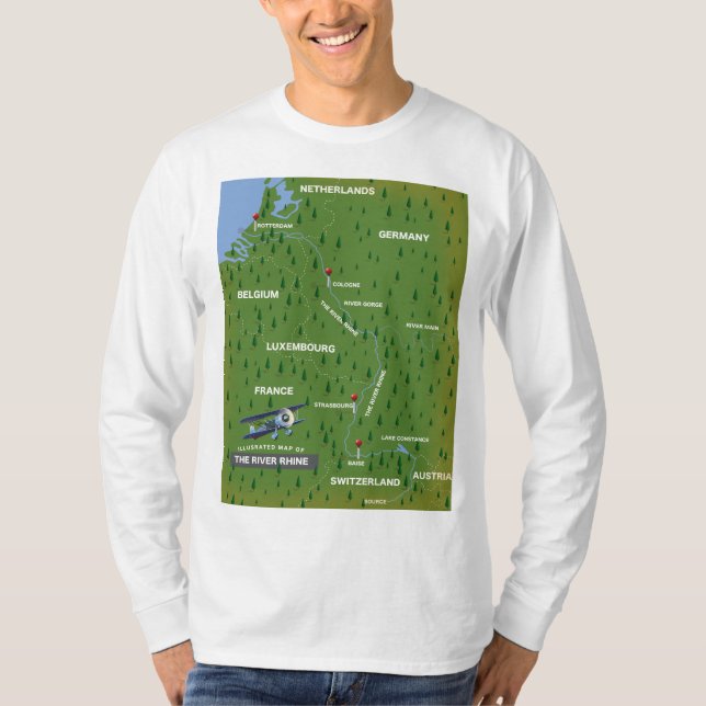 Camiseta Mapa de viajes retro del río Rin. Impresiones en m (Anverso)