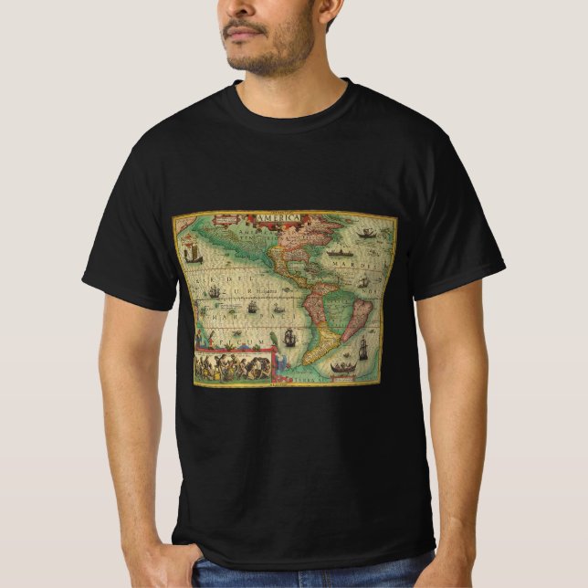 Camiseta Mapa del Antiguo Mundo de las Américas por Hondius (Anverso)