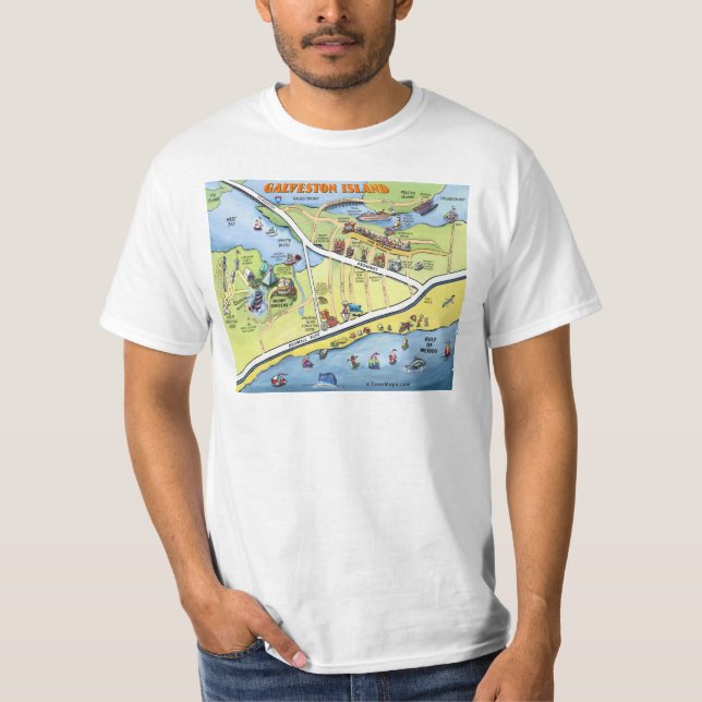 Camiseta Mapa del dibujo animado de Galveston Tejas (Anverso)