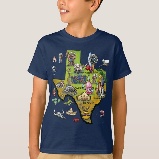 Camiseta Mapa del dibujo animado de Tejas (Anverso)