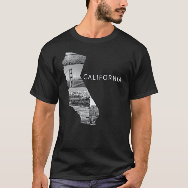 Camiseta Mapa del estado de Black and White California EE.U (Anverso)