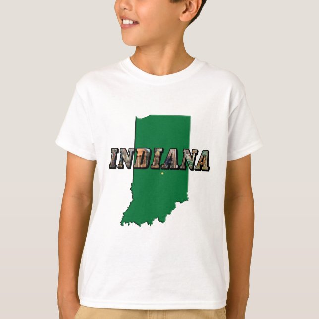 Camiseta Mapa del estado de Indiana Esquema verde y foto te (Anverso)