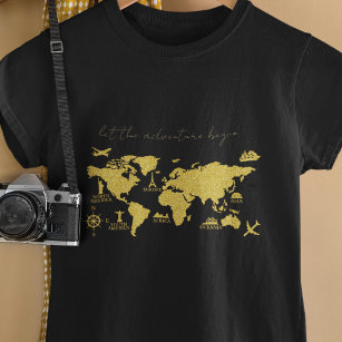 Camiseta Mapa del mundo del Purpurina de oro sobre aventura