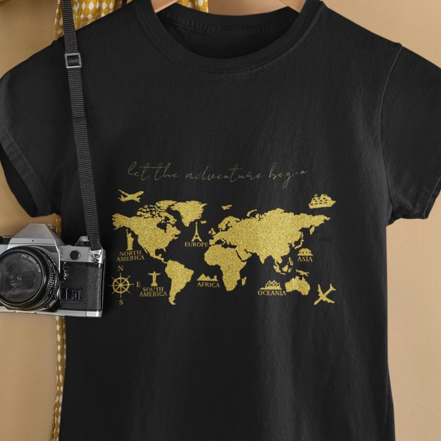 Camiseta Mapa del mundo del Purpurina de oro sobre aventura (Subido por el creador)