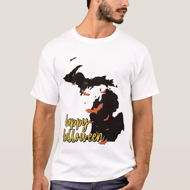 Camiseta Mapa estatal de Michigan Feliz Bats de Halloween (Anverso)