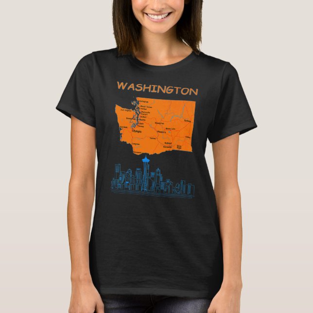 Camiseta Mapa Estatal De Washington, Línea De Esquina De La (Anverso)