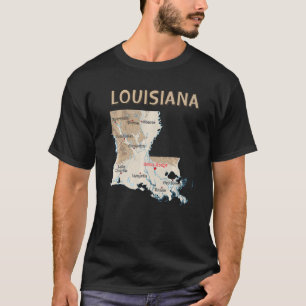 Camiseta Mapa Físico De Louisiana, Grandes Ciudades, Río La