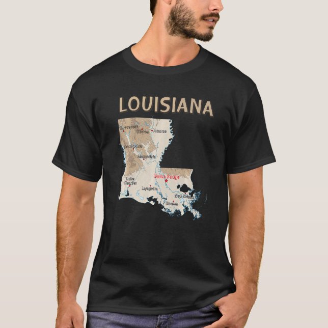 Camiseta Mapa Físico De Louisiana, Grandes Ciudades, Río La (Anverso)