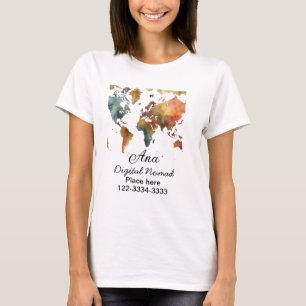 Camiseta Mapa mundial agregar tu nombre texto lugar teléfon