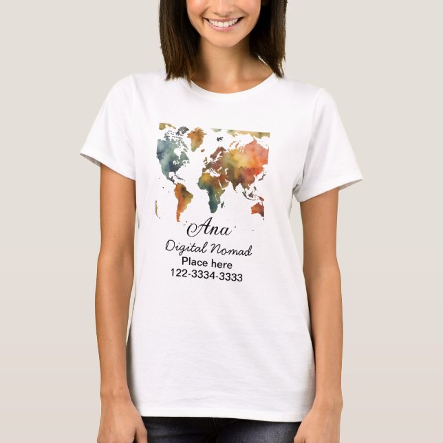 Camiseta Mapa mundial agregar tu nombre texto lugar teléfon (Anverso)