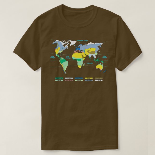 Camiseta Mapa mundial con zonas climáticas nombres de océan (Diseño del anverso)