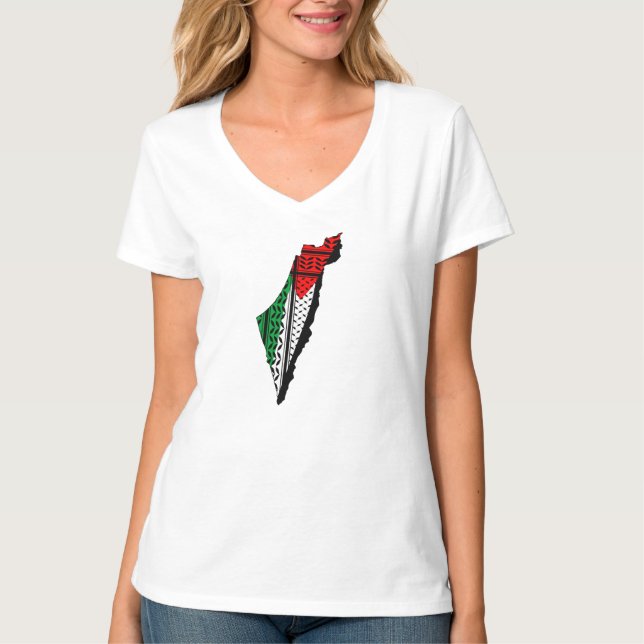 Camiseta Mapa palestino con bandera y patrón de Keffiyeg (Anverso)