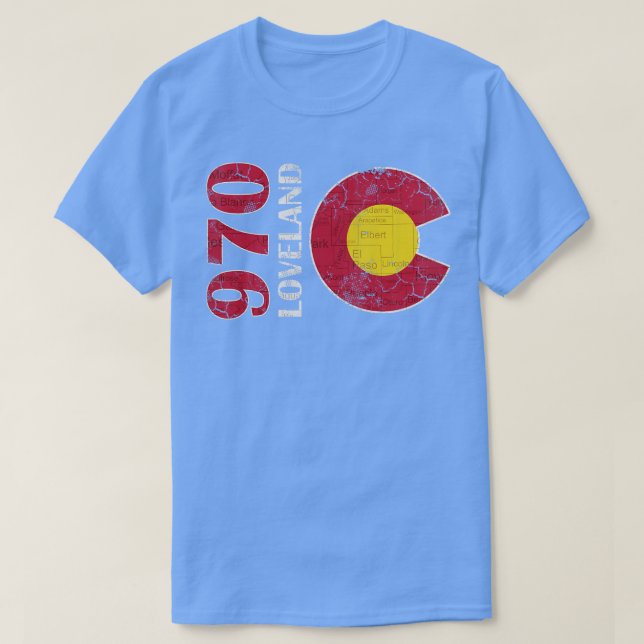 Camiseta Mapa Retro de Loveland Colorado 970 Desvanecido (Diseño del anverso)