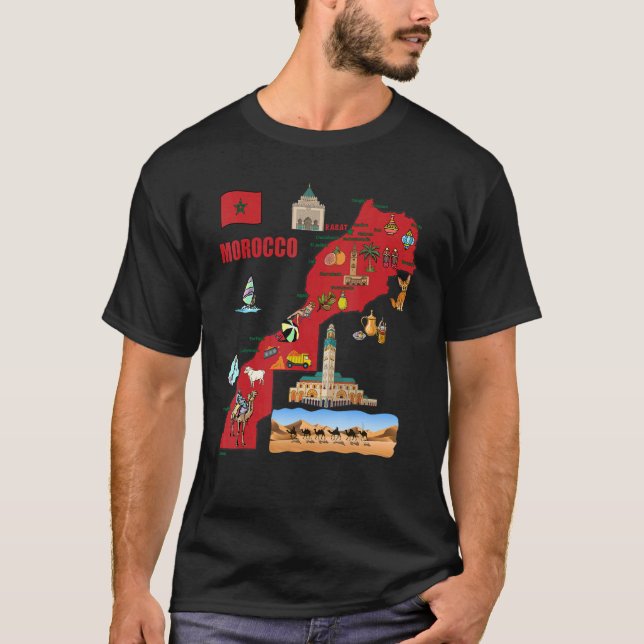 Camiseta Mapa Turístico De Marruecos Símbolo De Bandera De  (Anverso)